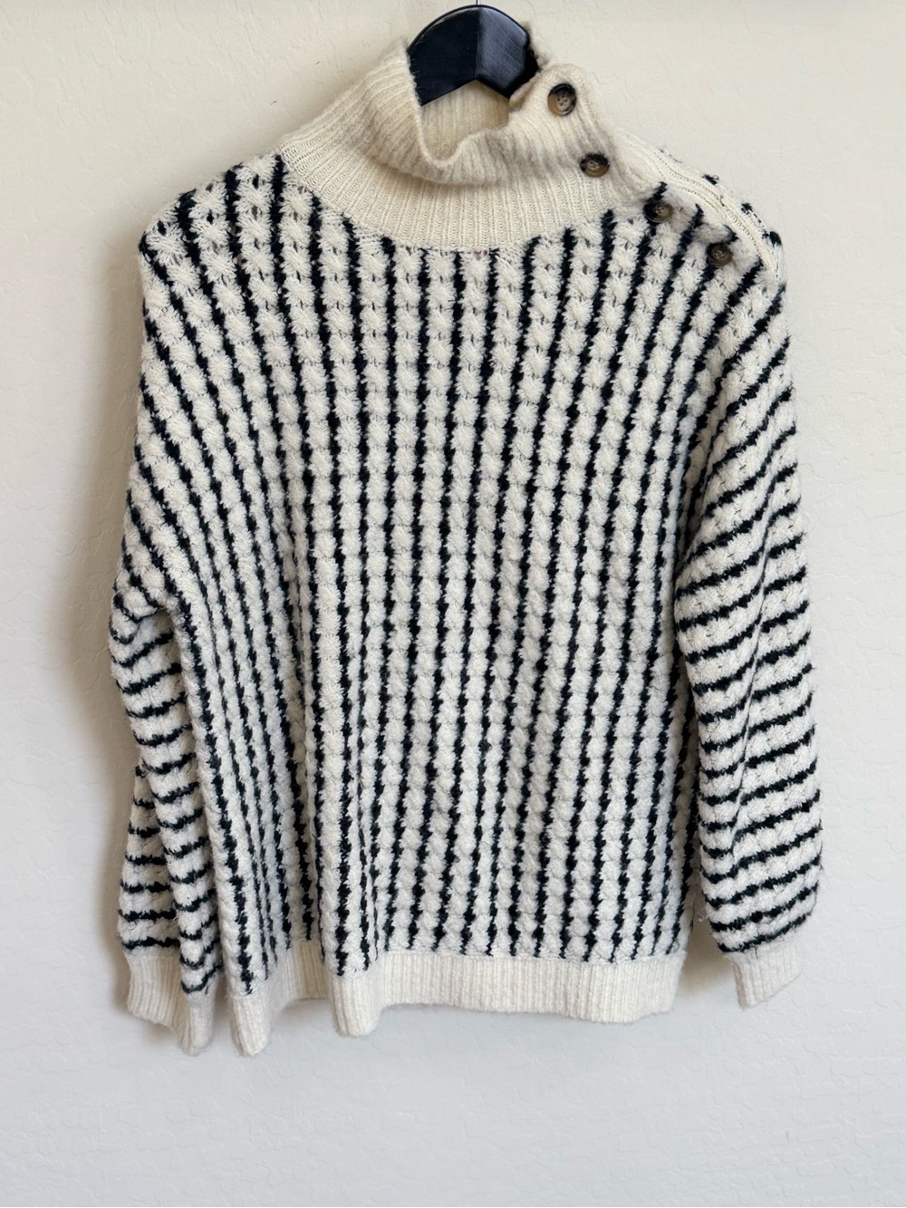 FRNCH Paris Striped Mock Neck Button Shoulder Sweater Cream Black M/L